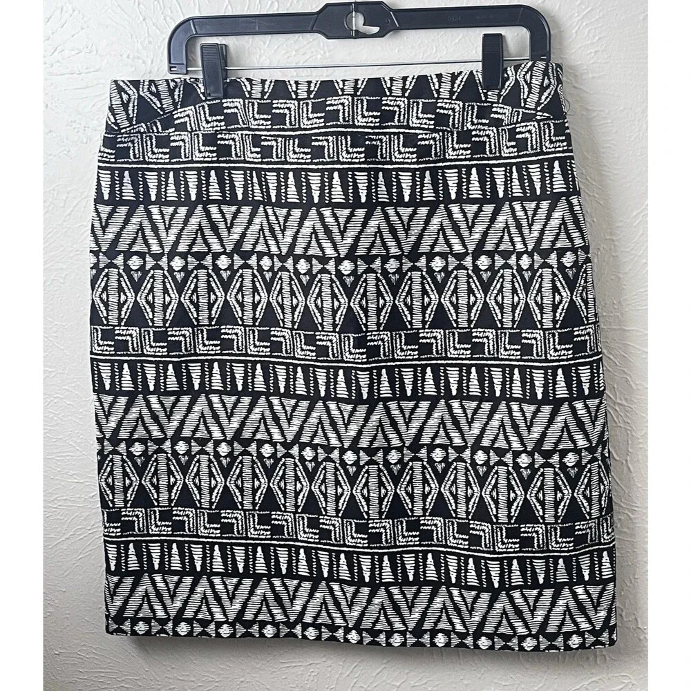 Cynthia Rowley Women's Tribal Black & White Print Cotton Pencil Skirt,‎ Size 14